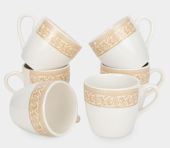 Bio China Coffee Mug Set of 6, 120ml White Tea & Coffee Cups with Golden Floral Border Design, Lightweight Drinking Mugs with Handles for Espresso, Green Tea & Hot Beverages, 7 x 5 cm