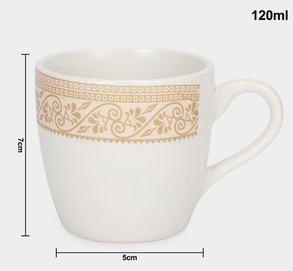 Bio China Coffee Mug Set of 6, 120ml White Tea & Coffee Cups with Golden Floral Border Design, Lightweight Drinking Mugs with Handles for Espresso, Green Tea & Hot Beverages, 7 x 5 cm