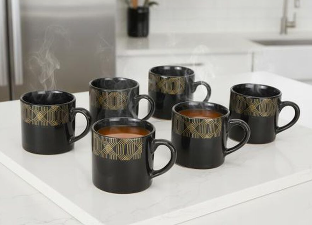 Bone China Coffee Mug Set of 6, 120ml Black Tea & Coffee Cups with Gold Geometric Design, Elegant Lightweight Drinking Mugs with Handles for Espresso, Cappuccino & Hot Beverages, 7 x 6.5 cm