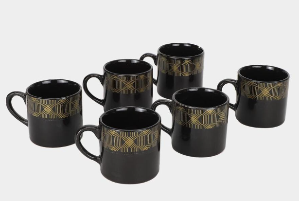 Bone China Coffee Mug Set of 6, 120ml Black Tea & Coffee Cups with Gold Geometric Design, Elegant Lightweight Drinking Mugs with Handles for Espresso, Cappuccino & Hot Beverages, 7 x 6.5 cm