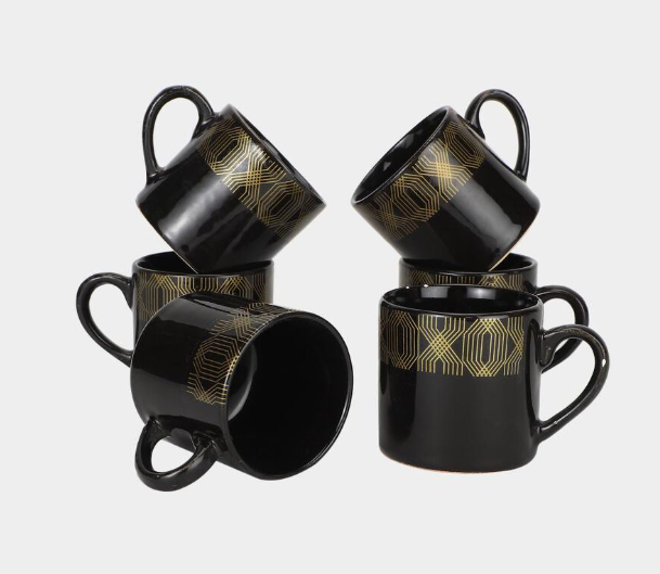 Bone China Coffee Mug Set of 6, 120ml Black Tea & Coffee Cups with Gold Geometric Design, Elegant Lightweight Drinking Mugs with Handles for Espresso, Cappuccino & Hot Beverages, 7 x 6.5 cm