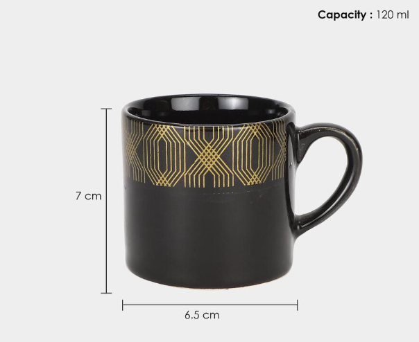 Bone China Coffee Mug Set of 6, 120ml Black Tea & Coffee Cups with Gold Geometric Design, Elegant Lightweight Drinking Mugs with Handles for Espresso, Cappuccino & Hot Beverages, 7 x 6.5 cm