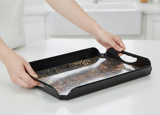 Melamine Serving Tray with Handles, Rectangular Decorative Printed Tray for Tea, Coffee, Snacks, Drinks & Desserts, Multipurpose Serving Platter for Home, Kitchen, Dining & Parties, 36 x 26 x 4.5 cm