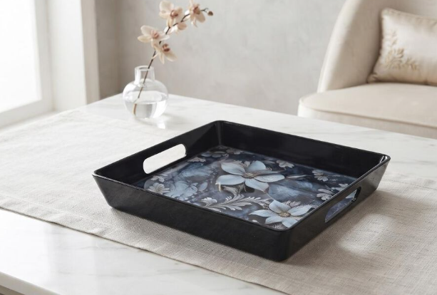 Melamine Serving Tray with Handles, Square Floral Print Serving Tray for Tea, Coffee, Snacks, Drinks & Desserts, Multipurpose Tray for Home, Kitchen, Dining & Parties, 25.5 x 25.5 cm