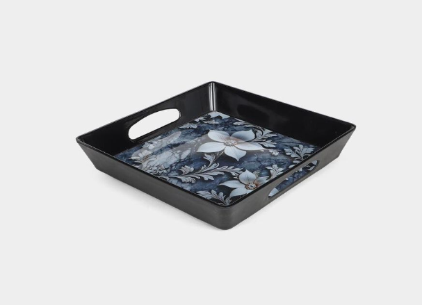 Melamine Serving Tray with Handles, Square Floral Print Serving Tray for Tea, Coffee, Snacks, Drinks & Desserts, Multipurpose Tray for Home, Kitchen, Dining & Parties, 25.5 x 25.5 cm