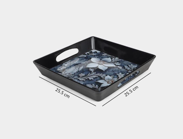 Melamine Serving Tray with Handles, Square Floral Print Serving Tray for Tea, Coffee, Snacks, Drinks & Desserts, Multipurpose Tray for Home, Kitchen, Dining & Parties, 25.5 x 25.5 cm