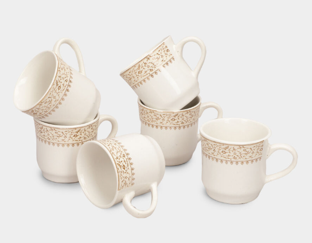 Stoneware Coffee Mug Set of 6, 120ml White Tea & Coffee Cups with Beige Floral Border Design, Ceramic Drinking Mugs with Handles for Espresso, Green Tea & Hot Beverages, 7 x 7 cm