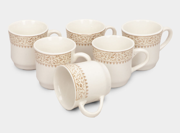 Stoneware Coffee Mug Set of 6, 120ml White Tea & Coffee Cups with Beige Floral Border Design, Ceramic Drinking Mugs with Handles for Espresso, Green Tea & Hot Beverages, 7 x 7 cm