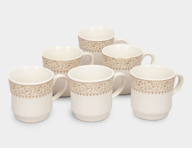 Stoneware Coffee Mug Set of 6, 120ml White Tea & Coffee Cups with Beige Floral Border Design, Ceramic Drinking Mugs with Handles for Espresso, Green Tea & Hot Beverages, 7 x 7 cm