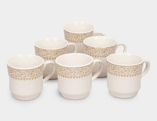 Stoneware Coffee Mug Set of 6, 120ml White Tea & Coffee Cups with Beige Floral Border Design, Ceramic Drinking Mugs with Handles for Espresso, Green Tea & Hot Beverages, 7 x 7 cm