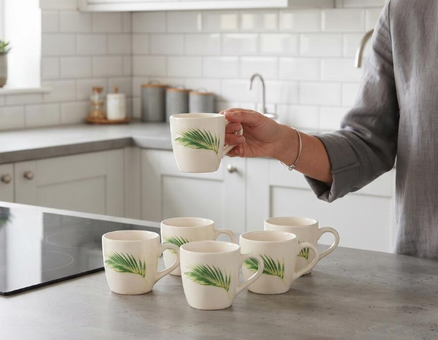Stoneware Coffee Mug Set of 6, 120ml White Tea & Coffee Cups with Green Tropical Leaf Design, Ceramic Drinking Mugs with Handles for Espresso, Green Tea & Hot Beverages, 7 x 6 cm