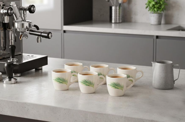 Stoneware Coffee Mug Set of 6, 120ml White Tea & Coffee Cups with Green Tropical Leaf Design, Ceramic Drinking Mugs with Handles for Espresso, Green Tea & Hot Beverages, 7 x 6 cm