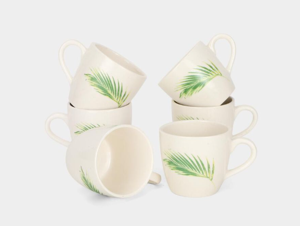 Stoneware Coffee Mug Set of 6, 120ml White Tea & Coffee Cups with Green Tropical Leaf Design, Ceramic Drinking Mugs with Handles for Espresso, Green Tea & Hot Beverages, 7 x 6 cm