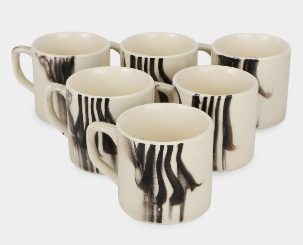 130ml Stoneware Coffee Mug Set of 6, White Tea & Coffee Cups with Modern Abstract Black Brushstroke Design, Ceramic Mugs with Handles for Espresso, Tea & Hot Beverages, 7 x 6 cm
