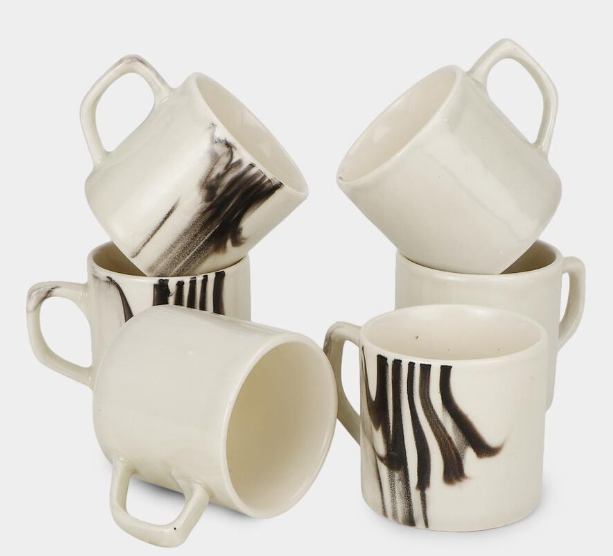 130ml Stoneware Coffee Mug Set of 6, White Tea & Coffee Cups with Modern Abstract Black Brushstroke Design, Ceramic Mugs with Handles for Espresso, Tea & Hot Beverages, 7 x 6 cm