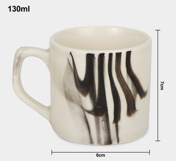 130ml Stoneware Coffee Mug Set of 6, White Tea & Coffee Cups with Modern Abstract Black Brushstroke Design, Ceramic Mugs with Handles for Espresso, Tea & Hot Beverages, 7 x 6 cm
