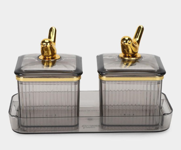 350ml Plastic Storage Container Set of 2 with Tray, Grey Ribbed Canisters with Lids and Decorative Golden Bird Knobs, Multipurpose Kitchen Organizer for Sugar, Tea, Coffee, Dry Fruits & Snacks