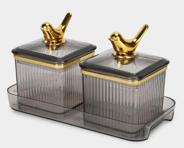 350ml Plastic Storage Container Set of 2 with Tray, Grey Ribbed Canisters with Lids and Decorative Golden Bird Knobs, Multipurpose Kitchen Organizer for Sugar, Tea, Coffee, Dry Fruits & Snacks