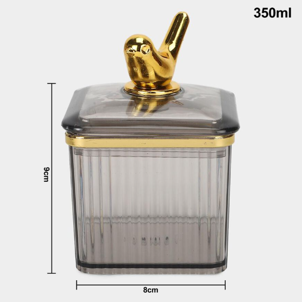 350ml Plastic Storage Container Set of 2 with Tray, Grey Ribbed Canisters with Lids and Decorative Golden Bird Knobs, Multipurpose Kitchen Organizer for Sugar, Tea, Coffee, Dry Fruits & Snacks