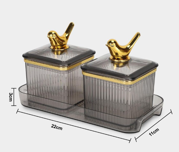 350ml Plastic Storage Container Set of 2 with Tray, Grey Ribbed Canisters with Lids and Decorative Golden Bird Knobs, Multipurpose Kitchen Organizer for Sugar, Tea, Coffee, Dry Fruits & Snacks