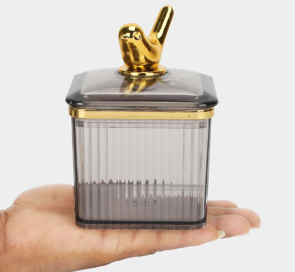 350ml Plastic Storage Container Set of 2 with Tray, Grey Ribbed Canisters with Lids and Decorative Golden Bird Knobs, Multipurpose Kitchen Organizer for Sugar, Tea, Coffee, Dry Fruits & Snacks