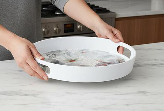 Round Melamine Serving Tray with Handles, 30 cm Diameter Floral Print Food Tray with Raised Edges, Lightweight Decorative Tray for Tea, Coffee, Snacks, Breakfast & Beverages, White