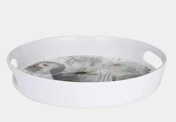Round Melamine Serving Tray with Handles, 30 cm Diameter Floral Print Food Tray with Raised Edges, Lightweight Decorative Tray for Tea, Coffee, Snacks, Breakfast & Beverages, White