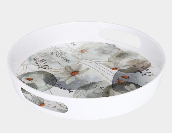 Round Melamine Serving Tray with Handles, 30 cm Diameter Floral Print Food Tray with Raised Edges, Lightweight Decorative Tray for Tea, Coffee, Snacks, Breakfast & Beverages, White