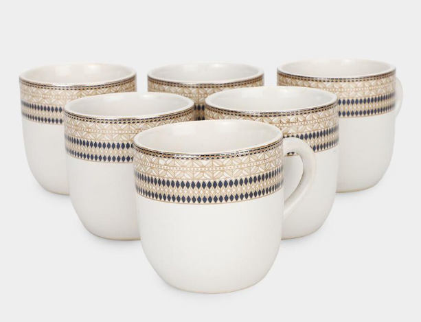 140ml Bone China Coffee Mug Set of 6, White Tea & Coffee Cups with Elegant Gold and Blue Geometric Border Design, Drinking Mugs with Handles for Tea, Coffee, Espresso & Hot Beverages, 7 x 5 cm