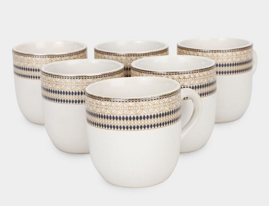 140ml Bone China Coffee Mug Set of 6, White Tea & Coffee Cups with Elegant Gold and Blue Geometric Border Design, Drinking Mugs with Handles for Tea, Coffee, Espresso & Hot Beverages, 7 x 5 cm