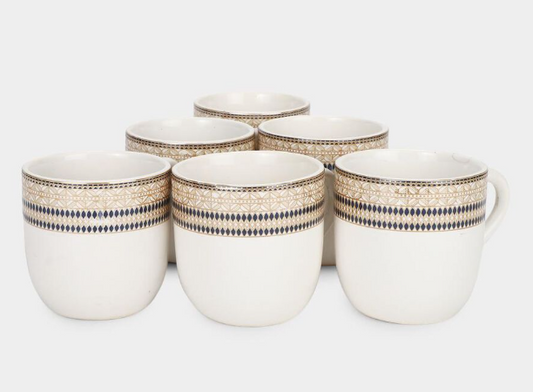 140ml Bone China Coffee Mug Set of 6, White Tea & Coffee Cups with Elegant Gold and Blue Geometric Border Design, Drinking Mugs with Handles for Tea, Coffee, Espresso & Hot Beverages, 7 x 5 cm