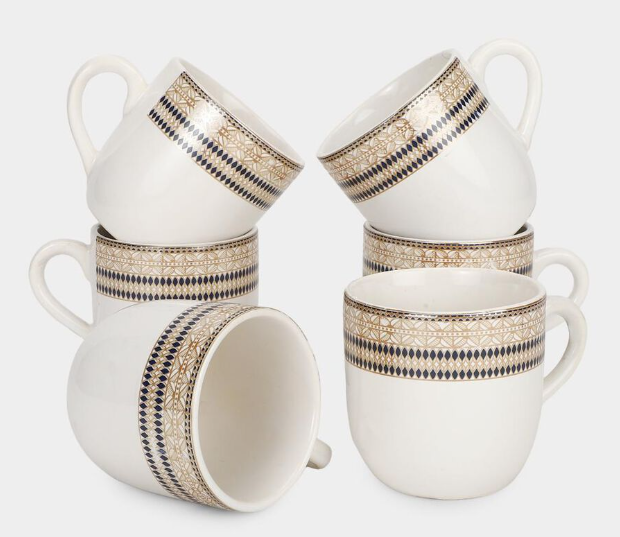 140ml Bone China Coffee Mug Set of 6, White Tea & Coffee Cups with Elegant Gold and Blue Geometric Border Design, Drinking Mugs with Handles for Tea, Coffee, Espresso & Hot Beverages, 7 x 5 cm