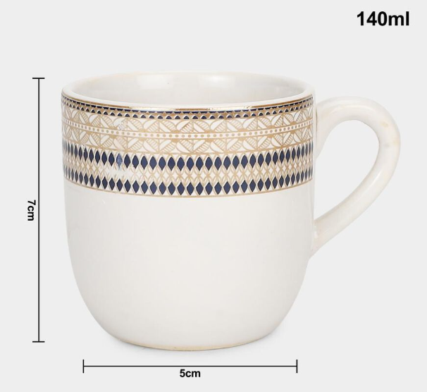 140ml Bone China Coffee Mug Set of 6, White Tea & Coffee Cups with Elegant Gold and Blue Geometric Border Design, Drinking Mugs with Handles for Tea, Coffee, Espresso & Hot Beverages, 7 x 5 cm