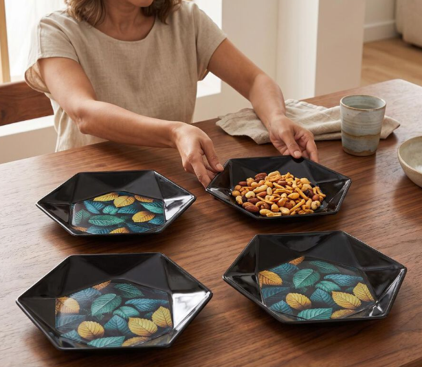 Melamine Snack Serving Plate Set of 4, Hexagonal Black Plates with Multicolour Leaf Print Design, Decorative Multipurpose Plates for Snacks, Starters, Desserts, Dry Fruits & Appetizers, 17 x 17 x 2 cm