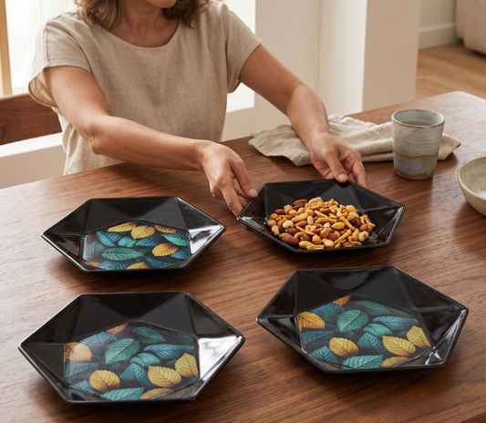 Melamine Snack Serving Plate Set of 4, Hexagonal Black Plates with Multicolour Leaf Print Design, Decorative Multipurpose Plates for Snacks, Starters, Desserts, Dry Fruits & Appetizers, 17 x 17 x 2 cm