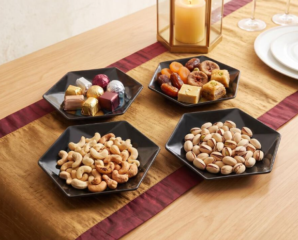 Melamine Snack Serving Plate Set of 4, Hexagonal Black Plates with Multicolour Leaf Print Design, Decorative Multipurpose Plates for Snacks, Starters, Desserts, Dry Fruits & Appetizers, 17 x 17 x 2 cm