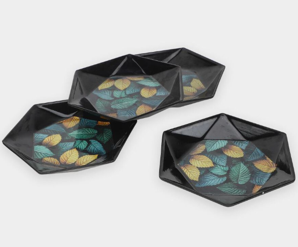 Melamine Snack Serving Plate Set of 4, Hexagonal Black Plates with Multicolour Leaf Print Design, Decorative Multipurpose Plates for Snacks, Starters, Desserts, Dry Fruits & Appetizers, 17 x 17 x 2 cm