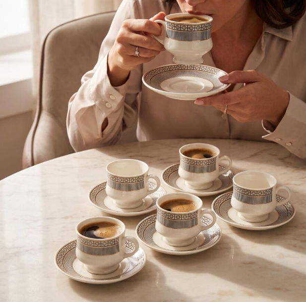 140ml Bone China Tea Cup and Saucer Set of 6, White Cups with Elegant Gold and Black Geometric Border Design, Tea & Coffee Serving Set for Home, Office, Guests and Gifting