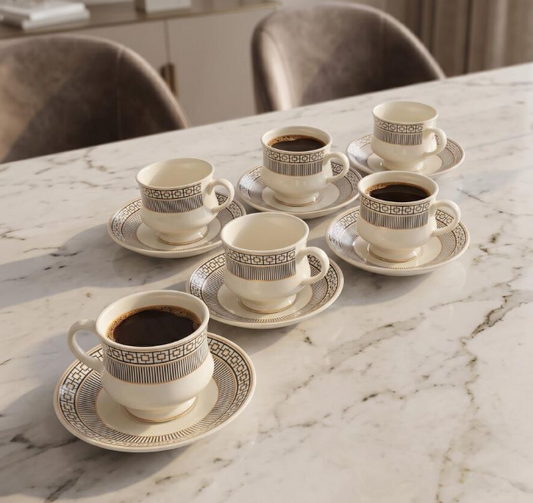 140ml Bone China Tea Cup and Saucer Set of 6, White Cups with Elegant Gold and Black Geometric Border Design, Tea & Coffee Serving Set for Home, Office, Guests and Gifting