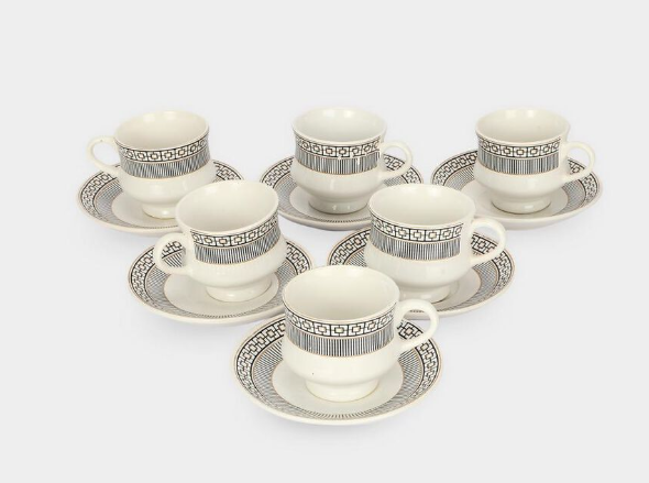 140ml Bone China Tea Cup and Saucer Set of 6, White Cups with Elegant Gold and Black Geometric Border Design, Tea & Coffee Serving Set for Home, Office, Guests and Gifting