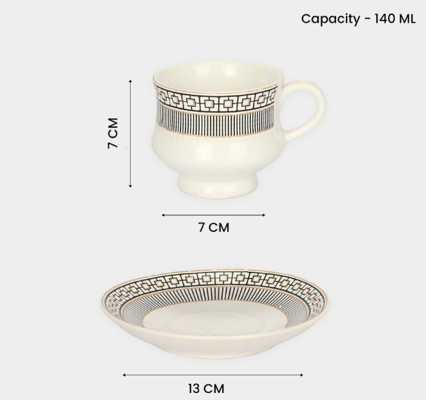 140ml Bone China Tea Cup and Saucer Set of 6, White Cups with Elegant Gold and Black Geometric Border Design, Tea & Coffee Serving Set for Home, Office, Guests and Gifting