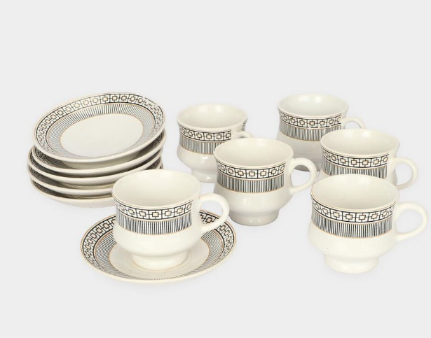 140ml Bone China Tea Cup and Saucer Set of 6, White Cups with Elegant Gold and Black Geometric Border Design, Tea & Coffee Serving Set for Home, Office, Guests and Gifting