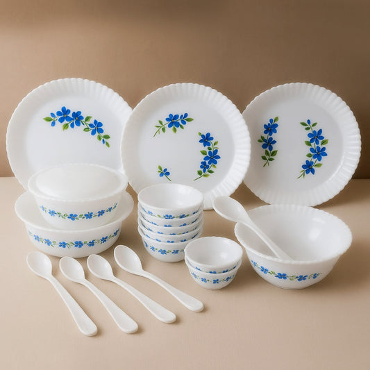 36-Piece Opalware Dinner Set, White with Blue Floral Pattern, Plates, Bowls and Spoons
