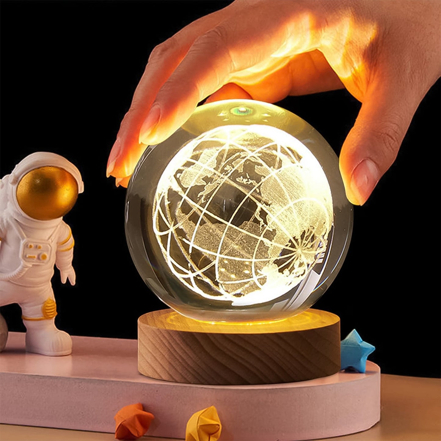 3D Crystal Ball Night Lamp with Wooden Base – World Globe LED Night Light for Bedroom, Home Decoration, Gifts for Men & Women, Room Decor for Friends & Family (1 Pc)