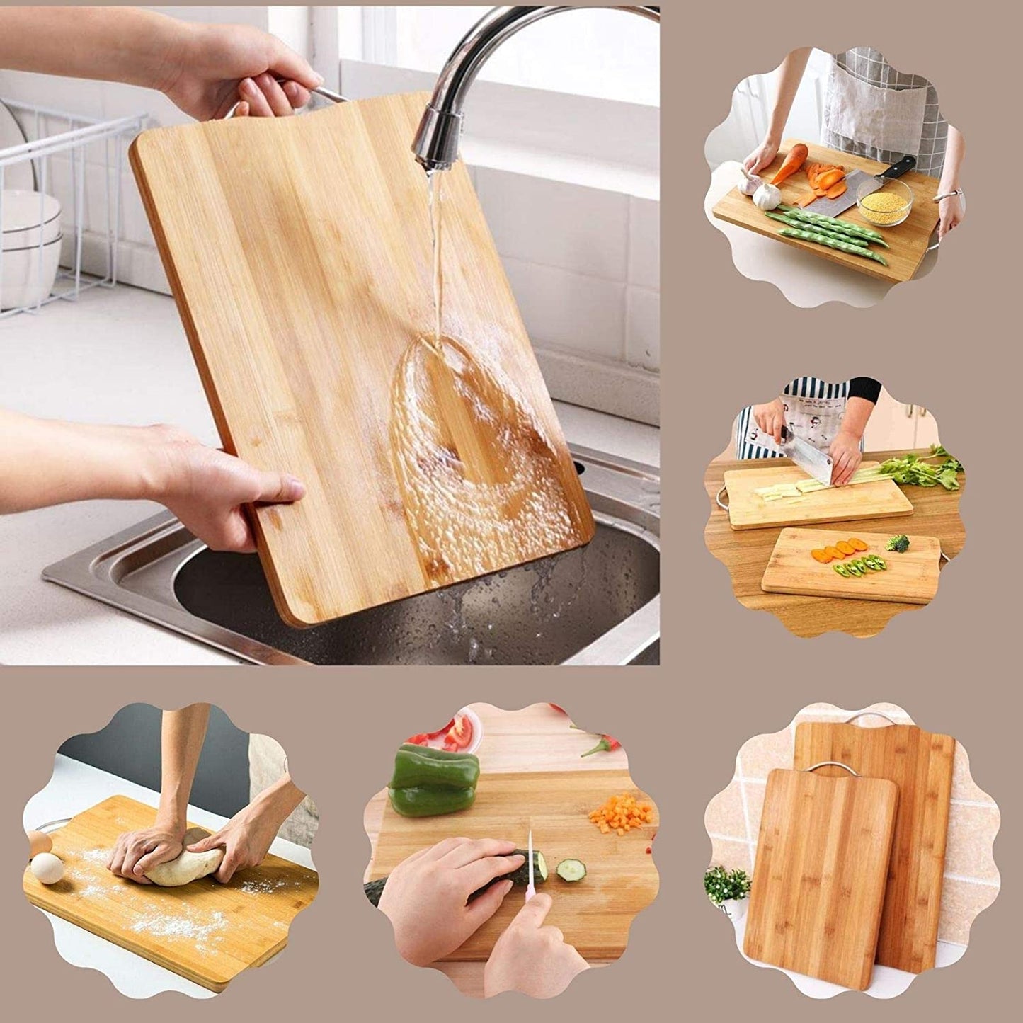 Thick Wooden Bamboo Cutting Board with Handle – 33 × 20 cm | Heavy-Duty & Reversible | Multipurpose Kitchen Chopper | For Fruits, Vegetables, Meat