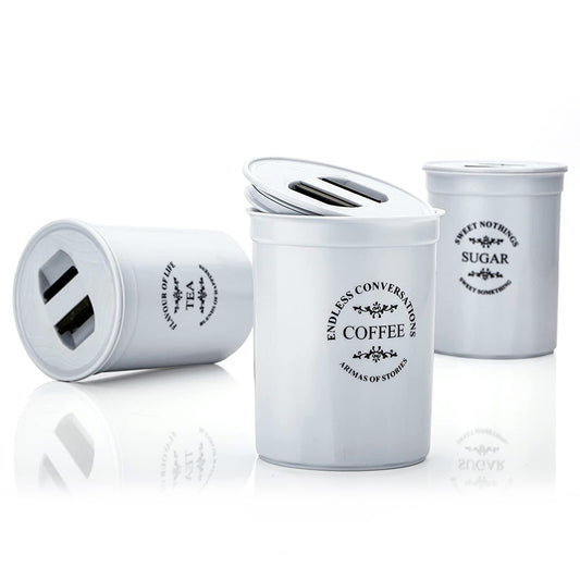 Airtight Kitchen Storage Containers Set, Tea Coffee Sugar Canisters, 3 Pieces, Black Lid, 34 cm x 15 cm