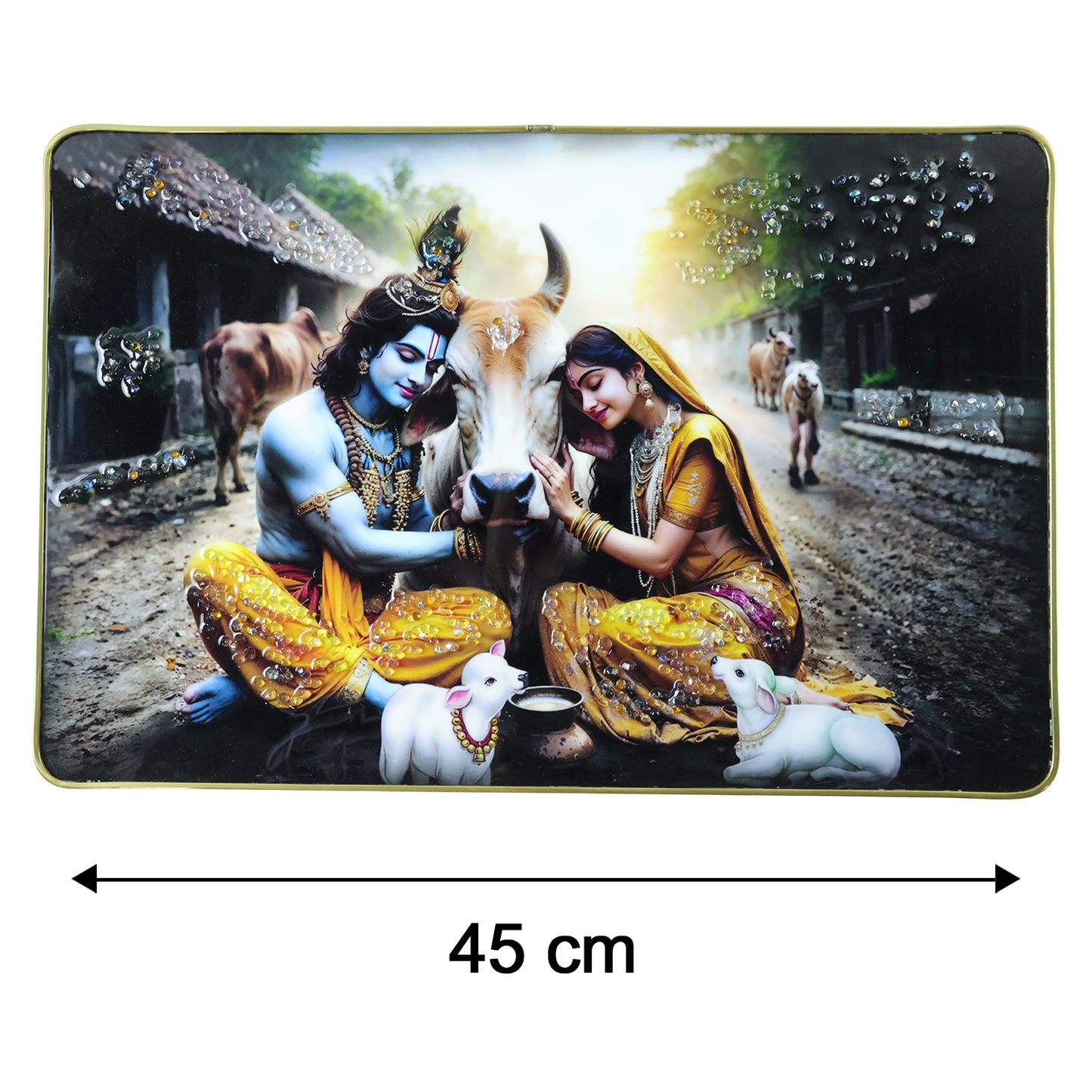 Peaceful Radha Krishna Village Scene Wall Art Frame (1 Pc 45x30 Cm)