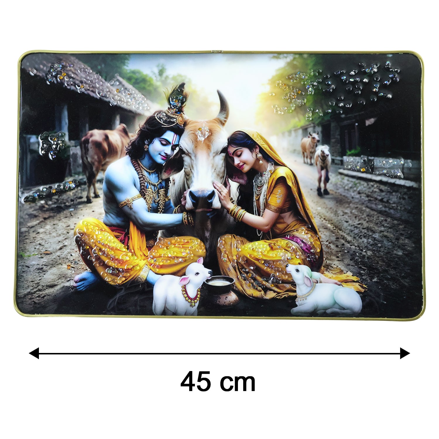 Peaceful Radha Krishna Village Scene Wall Art Frame (1 Pc 45x30 Cm)