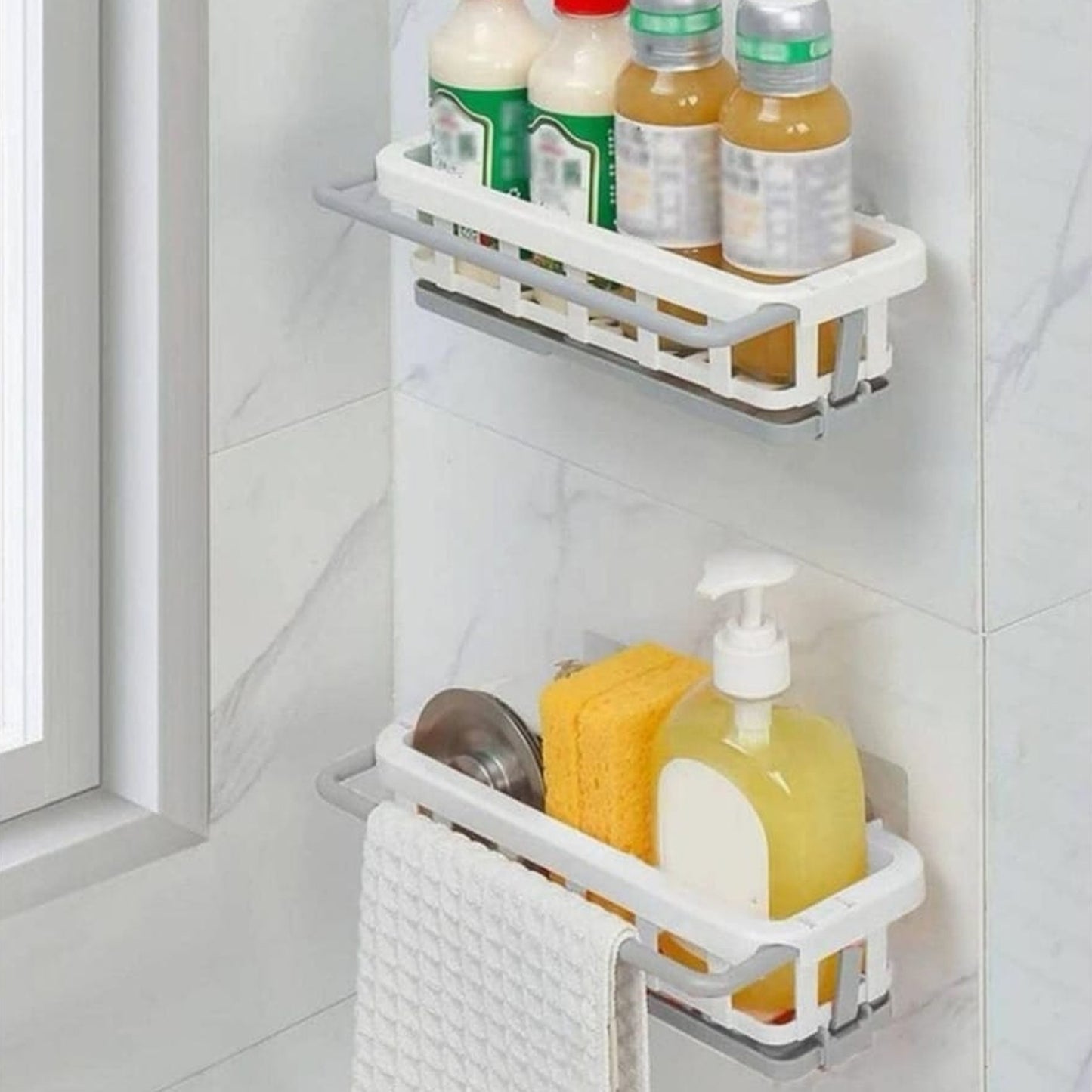 Kitchen Sink Caddy Organiser, Hanging Drain Rack with Adhesive Hook, 26 x 15 x 6 cm, White