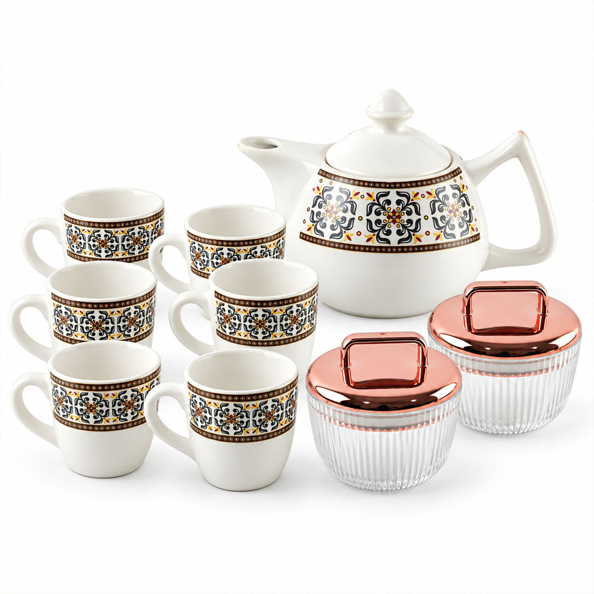 Tea Gift Set With Kettle 6 Cups And 2 Dry Fruit Jars (9 Pc)